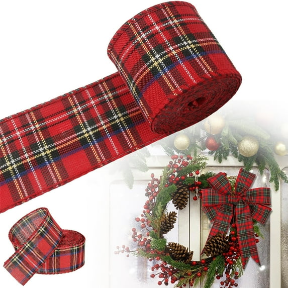 Christmas Plaid Ribbon, Plaid Christmas Ribbon for Christmas Tree Decor, Wired Edge Wrapping Ribbons, Tartan Plaid Ribbon for Bows, Ideal for Gifts, Wreaths DIY Decor Use