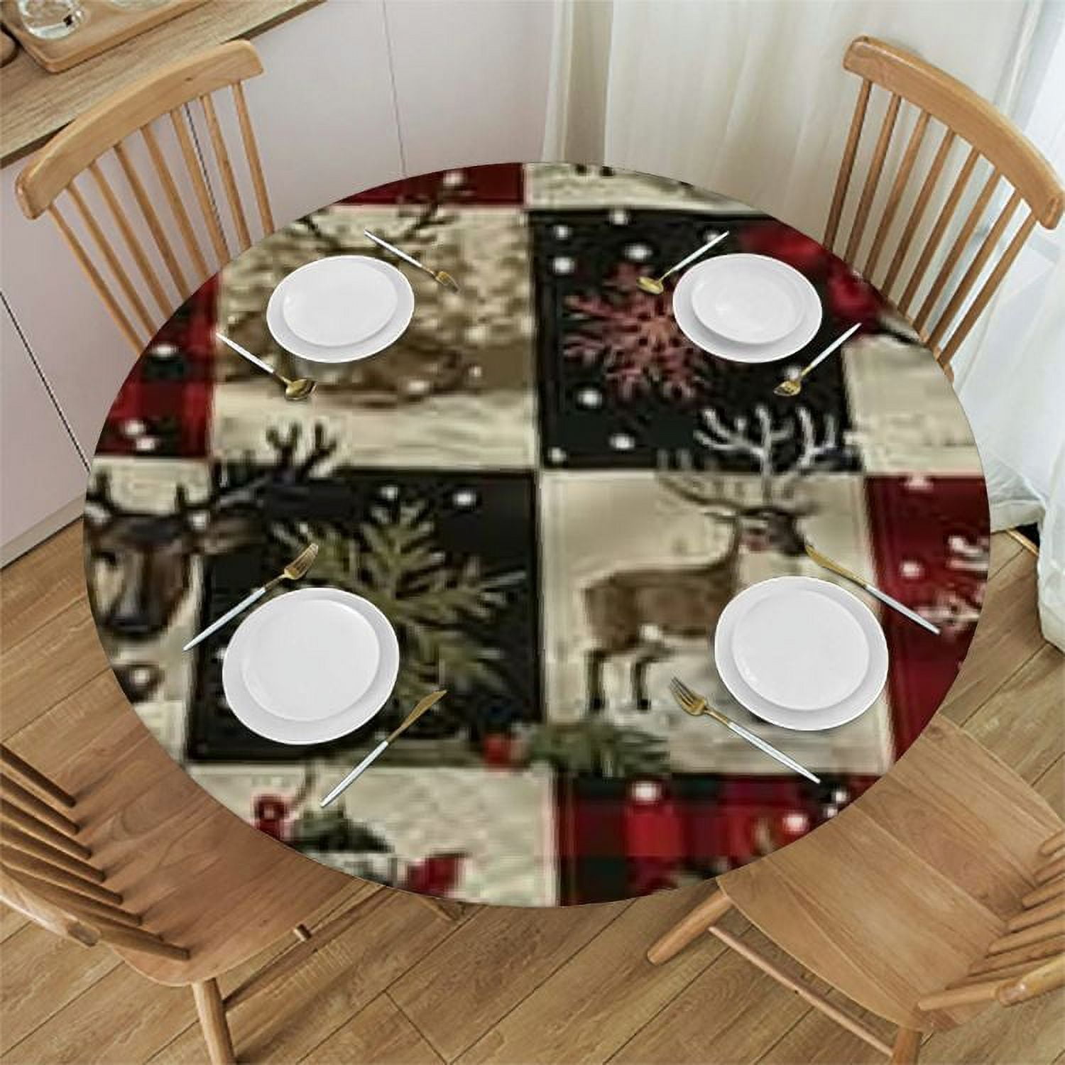 Christmas Plaid Round Fitted Table Cover for Dining Tables,Elastic