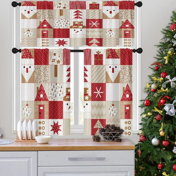 Christmas Plaid Santa Kitchen Curtains with Valance and Tier Sets 36 Inch, 3 Pieces Checkered Winter Dot Rod Pocket Drapes Window Treatment Curtains for Kitchen Over Sink Bed Room Decor
