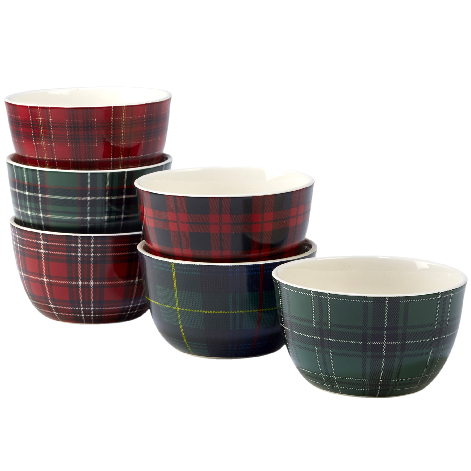 Christmas Plaid Ceramic 6-Piece Multicolor Dessert Bowl Set