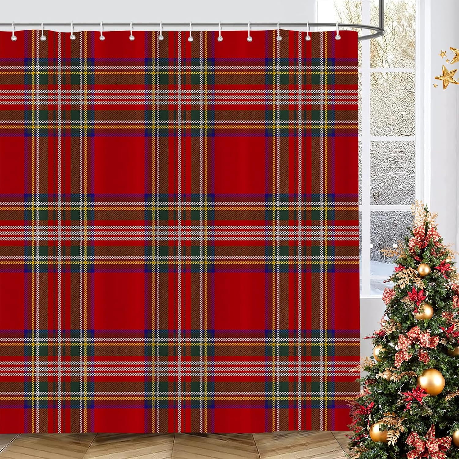 Christmas Plaid Shower Curtain Scottish Tartan Farmhouse Bathroom Shower Curtains for Bathtub Decoration with Hooks 72x72 Inch, Red and Green