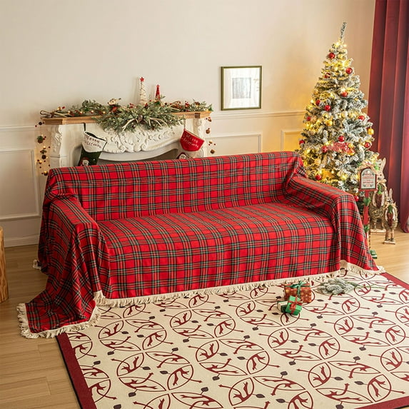 Christmas Plaid Sofa Blanket - Classic Color Non-Slip Full Cover Sofa Cover Warm Throw, Multi-Purpose Plush Blanket for Christmas Sofa Decoration Home Living Room