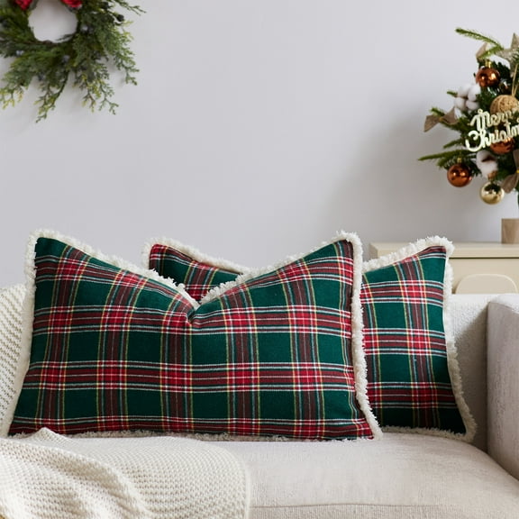Christmas Plaid Sofa Cushion Cover Brushed Polyester Fabric Holiday Decorative Pillow Slipcover Red Green White 30x50cm