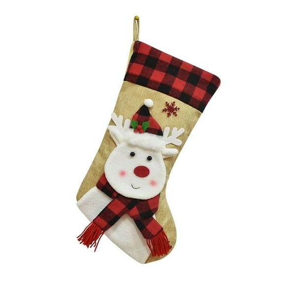Christmas Plaid Stocking – Half-Dimensional Linen Gift Sock with Santa, Snowman & Reindeer Design – Holiday Candy Holder for Fireplace, Wall or Gifting