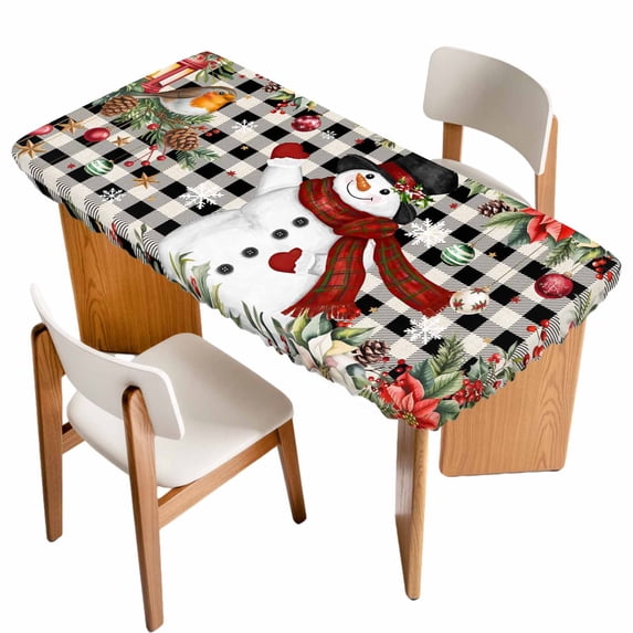 Christmas Plaid Table Cloths for 5 Foot Rectangle Tables, Black Snowman Xmas Tree Snowflake Buffalo Patio Waterproof Elastic Fitted Tablecloths, Washable Rectangular Table Cover for Camping