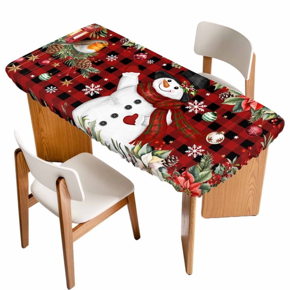 Christmas Plaid Table Cloths for 5 Foot Rectangle Tables, Red Snowman Xmas Tree Snowflake Buffalo Patio Waterproof Elastic Fitted Tablecloths, Washable Rectangular Table Cover for Camping
