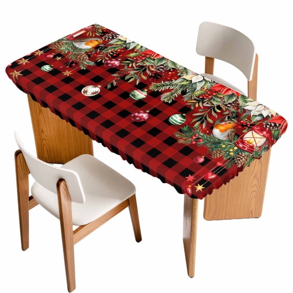 Christmas Plaid Table Cloths for 5 Foot Rectangle Tables, Xams Tree Winter Poinsettia Pine Cones Patio Waterproof Elastic Fitted Tablecloths, Washable Rectangular Table Cover for Camping