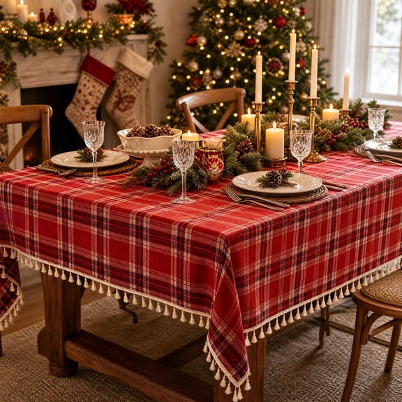 Christmas Plaid Tablecloth, Classic Tartan Checkered Table Cover with Elegant Drape Wrinkle Resistant Design and Reusable Holiday Style, Christmas Dinner Party Dining Table Restaurant Home Decor
