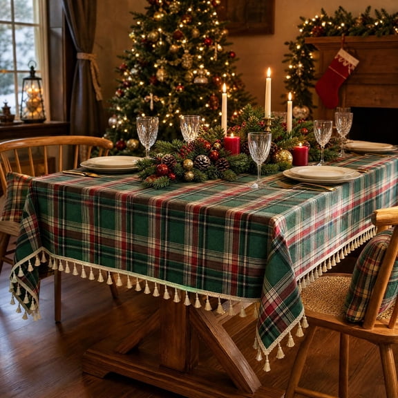 Christmas Plaid Tablecloth, Classic Tartan Checkered Table Cover with Elegant Drape Wrinkle Resistant Design and Reusable Holiday Style, Christmas Dinner Party Dining Table Restaurant Home Decor