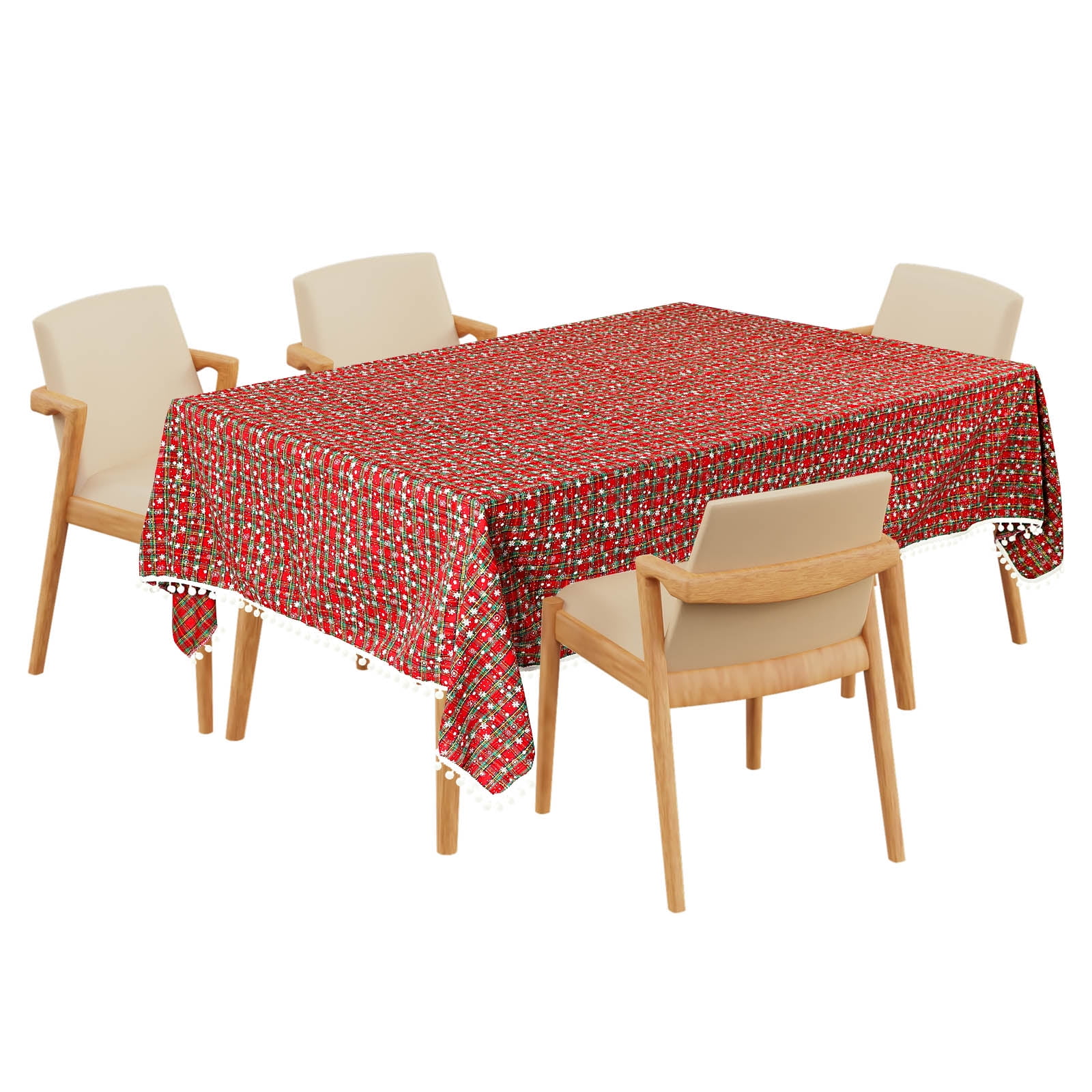 Christmas Plaid Tablecloth with Pom-Poms - Red/Green Fabric Table Cover for Holiday Dinners, Parties & Kitchen Decor 59 x 102.3in
