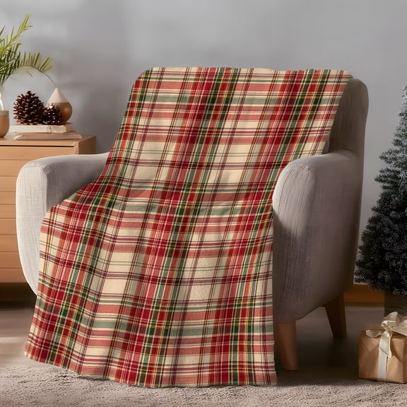 Christmas Plaid Throw Flannel Blanket Winter Pastoral Rustic Red Green Beige Gingham Check Super Soft Cozy Bed Blanket, Lightweight Plush Fuzzy Bed Throw for Bedroom Sofa Couch Living Room 30x40in