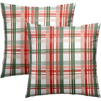Christmas Plaid Throw Pillow Covers 16x16 Set of 2, Red and Green Checkered Stripe Decorative Pillow Cases Cotton Linen Cushion Cover for Living Room Bed Sofa Car Home Decor