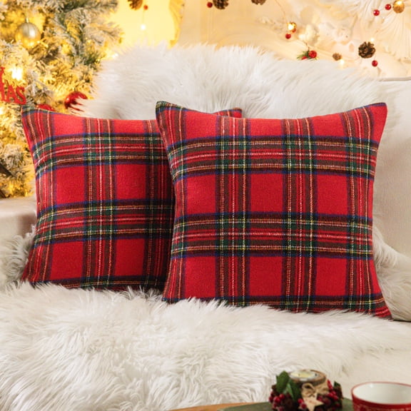 Christmas Plaid Throw Pillow Covers Set of 2 Scottish Tartan Winter Farmhouse Cushion Cover for Couch Sofa Bed Porch Home Holiday Decor Red 18 x 18 Inch