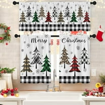 Christmas Plaid Tree Kitchen Window Curtains and Valances Set 36 Inch, Winter Snowflakes Farmhouse Short Tier Curtain for Cafe Living Room Bathroom, Xmas Holiday 3 Pieces Set Kitchen Decor