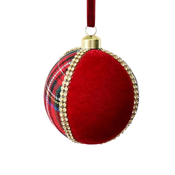 Christmas Plaid Velvet Ball Ornament 8cm Rhinestone Burgundy Contrast Check Hanging Tree Bauble