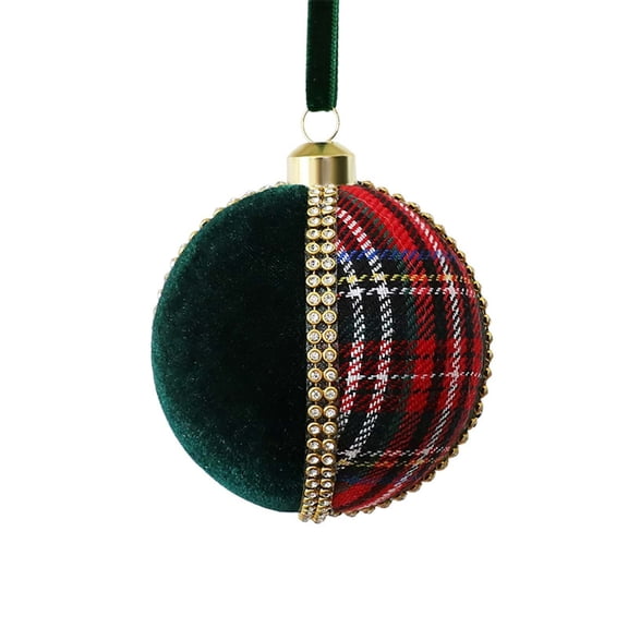 Christmas Plaid Velvet Wrapped Ball Ornament, 8cm(3.15 Inch) Fabric Covered Foam Bauble With Rhinestone Trim, Vintage Luxury Hanging Decoration For Xmas Tree Wreath Fireplace Home Holiday Decor
