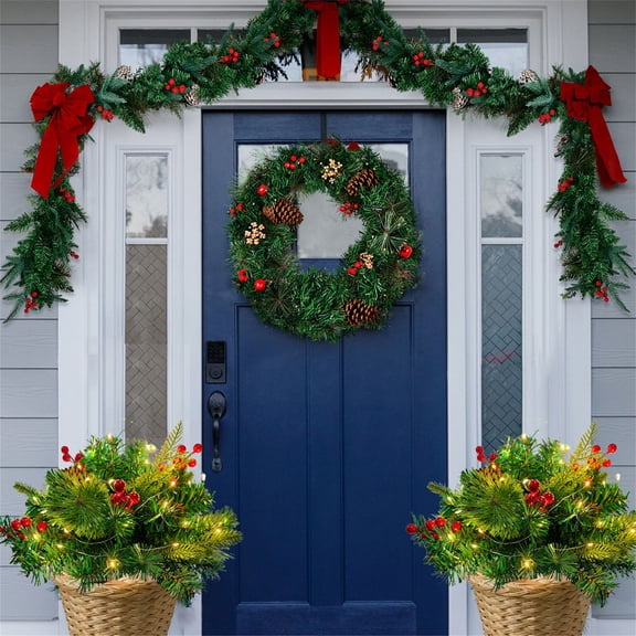 Christmas Planter Fillers Outdoor Front Porch Artificial Prelit Xmas Tree Holiday Pot Fillers with Lights and Berries Xmas Decors Yard Green 15.7 In