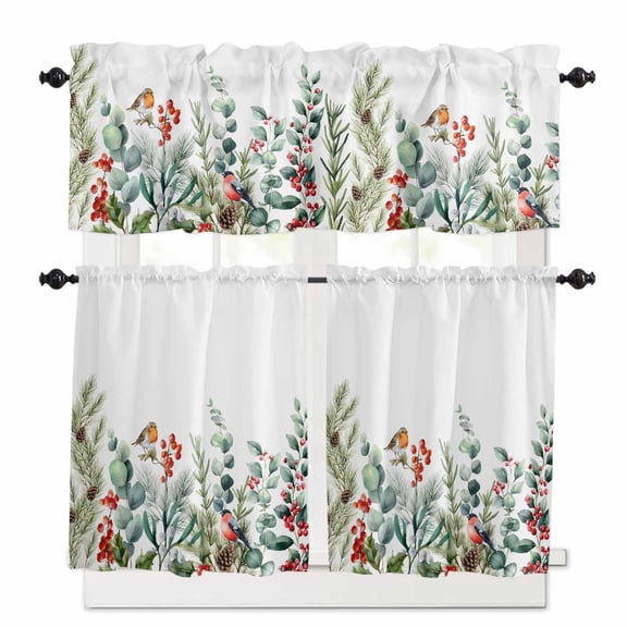 Christmas Plants Kitchen Curtains and Valances Set, Winter Eucalyptus Leaves Bird Berry Rod Pocket Window Valance 18 Inch Window Curtain Panels for Living Room Bedroom Laundry, 27.5x24in, 3 Pieces