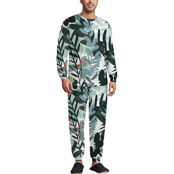 Christmas Plants Men's Pajama Set Sleepwear Pjs Lightweight Long Sleeve Crewneck Shirts and Bottoms Soft Comfy Sleep Sets 3XL