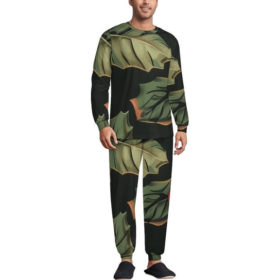Christmas Plants Men's Pajama Set Sleepwear Pjs Lightweight Long Sleeve Crewneck Shirts and Bottoms Soft Comfy Sleep Sets M