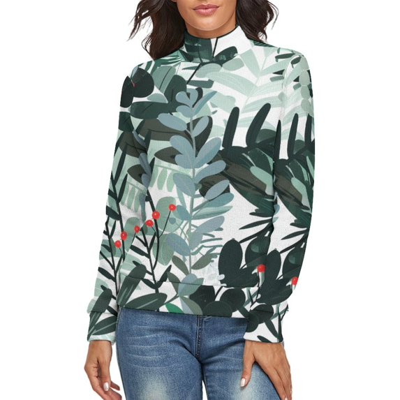 Christmas Plants Women's Turtleneck Sweater Long Sleeve Ribbed Fitted Turtle Neck Casual Fall Winter Collection Top M