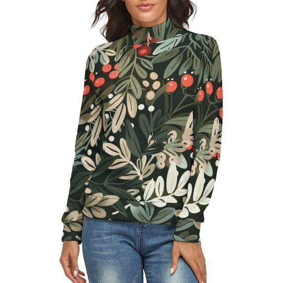 Christmas Plants Women's Turtleneck Sweater Long Sleeve Ribbed Fitted Turtle Neck Casual Fall Winter Collection Top S