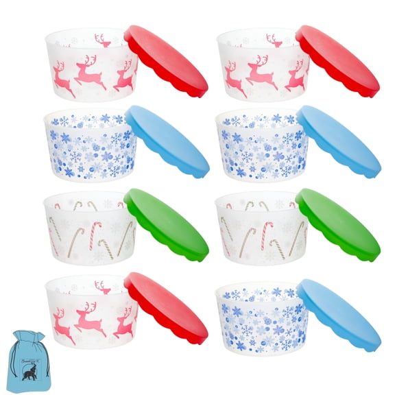 Christmas Plastic Cookie Containers with Lids 8x4.5 Inch for Snack Candies Party Treats Storage Holiday Jars Home Kitchen Buckets Cabinet Organizer Gift Supplies - Set of 8 (Assortment May Vary)