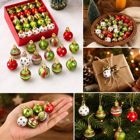 Christmas Plastic Decorative Ball Set, 24 Piece 1in Green Ball Set with Stripe Pattern and Ribbon, Christmas Ball Ornament for Christmas Tree Holiday Home Decoration