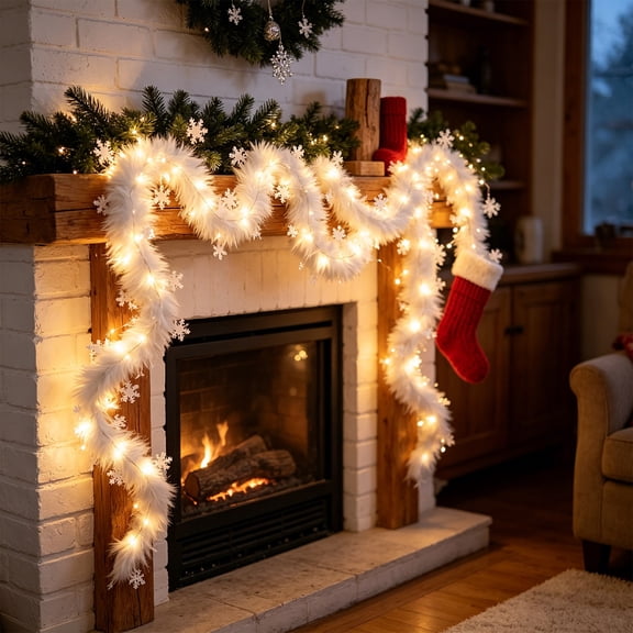 Christmas Plastic Garland with LED Light String Snowflake Decoration 78.7 Inch for Home Party Tree Door Frame Fireplace