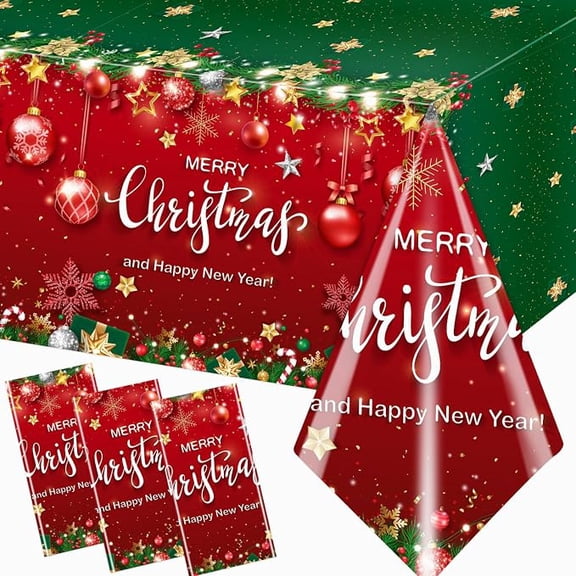 Christmas Plastic Tablecloth, 3Pcs Red and Green Merry Christmas Table Cover, Xmas Tree Tablecloth for Winter Holiday Christmas Party Supplies