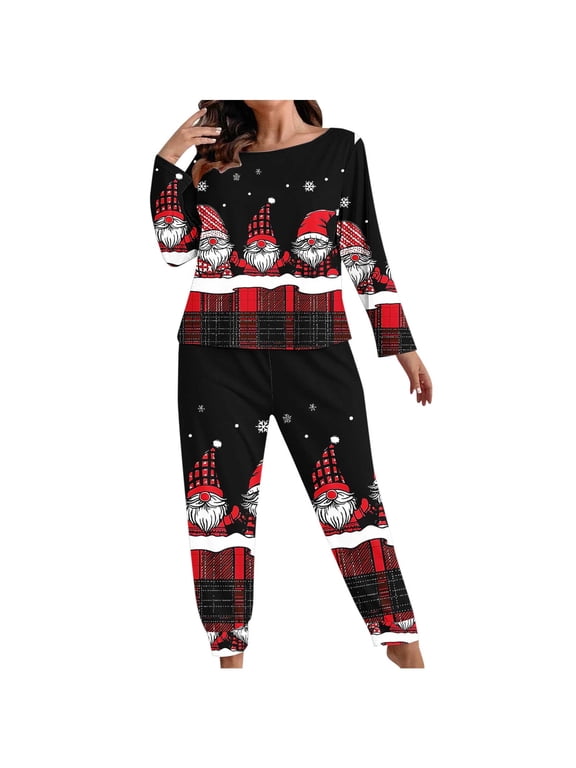 Christmas Plus Size Pajamas Women 2 Piece Fall Cute Funny Graphic Sleepwear Set Soft Pullover Long Sleeve Pants Comfy Homewear Party Costume Black 4 5XL