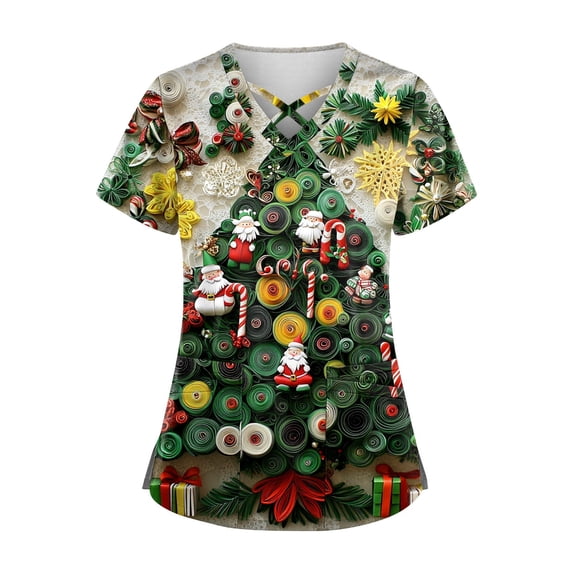 Christmas Plus Size Scrub Tops for Women Stretch Fashion Nurse Shirts Cute Printed Scrubs Tops - 02 - Dark Green - 4XL