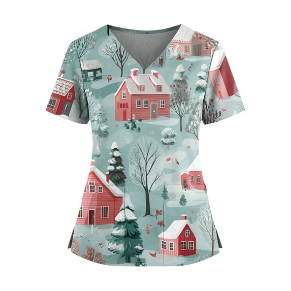Christmas Plus Size Scrubs Tops for Women Cute Xmas Print Short Sleeve Nurse Working Uniforms Christmas Scrub Shirts with Pockets