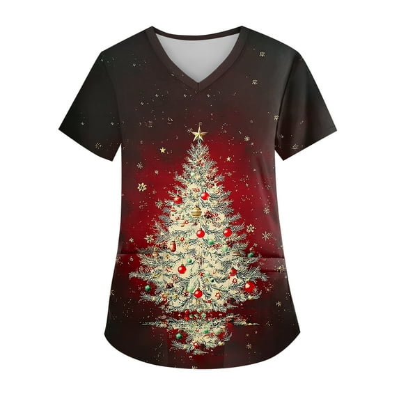 Christmas Plus Size Scrubs Tops for Women Funny Xmas Print Tops for Women Short Sleeve Nursing Uniforms Christmas Soft Stretchy Holiday T Shirts