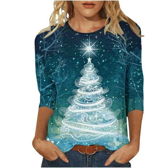 Christmas Plus Size Shirts for Women 3/4 Length Sleeve Holiday Tops Crew Neck Graphic Printed Festive Tees Outfits (2XL, Green A)