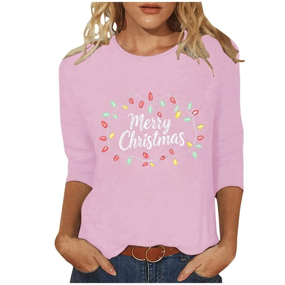 Christmas Plus Size Shirts for Women 3/4 Length Sleeve Holiday Tops Crew Neck Graphic Printed Festive Tees Outfits (4XL, Pink)