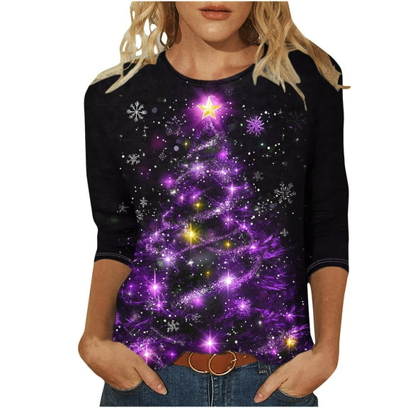Christmas Plus Size Shirts for Women 3/4 Length Sleeve Holiday Tops Round Neck Graphic Tee Tshirts Festive Outfits (2XL, Purple)
