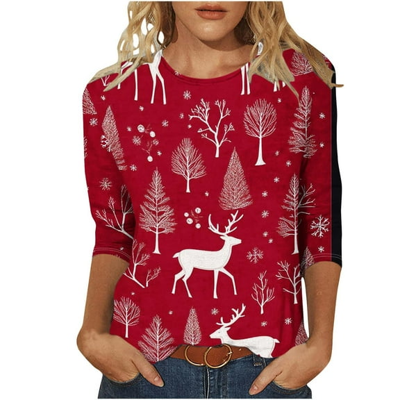 Christmas Plus Size Shirts for Women 3/4 Length Sleeve Holiday Tops Round Neck Graphic Tee Tshirts Festive Outfits (4XL, Red 02)
