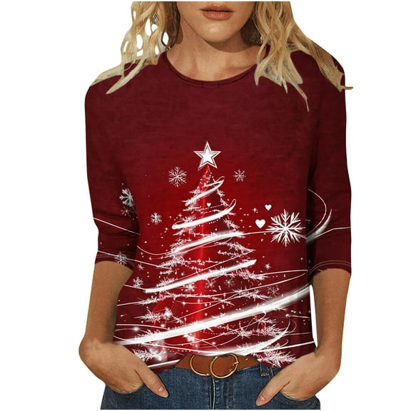 Christmas Plus Size Shirts for Women 3/4 Length Sleeve Holiday Tops Round Neck Graphic Tee Tshirts Festive Outfits (M, Red 04)