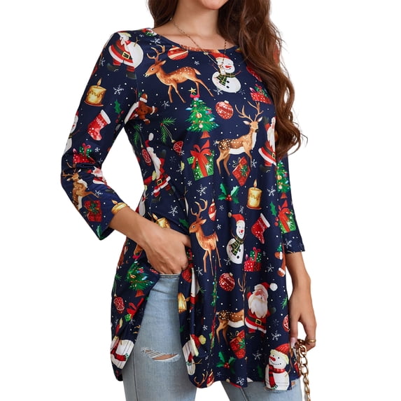 Christmas Blouses for Women Casual 3/4 Sleeve Tunic Tops Loose Fit Snowman Print Xmas Shirts
