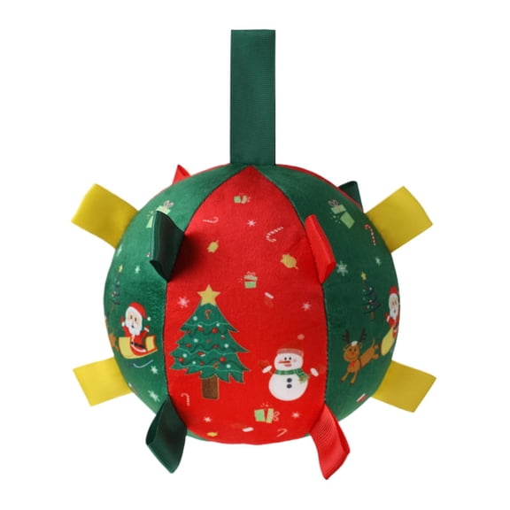Christmas Plush Dog Toy Ball, Built‑in Bell Interactive Tug Chew Toy with Multi Ribbon Tabs for Small & Medium Dogs, 15cm