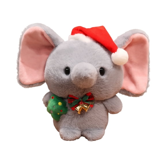 Christmas Plush Elephant Toy, Cute Stuffed Animal with Red Santa Hat & Green Bell, Soft Holiday Decor for Kids Gift, Xmas Tree Ornament, Desktop Party Decoration