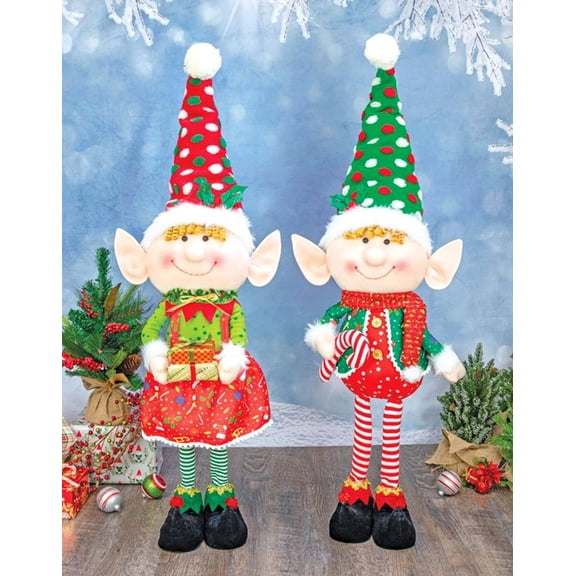 Christmas Plush Elf Decorations Set of 2 | Holiday Standing Dolls