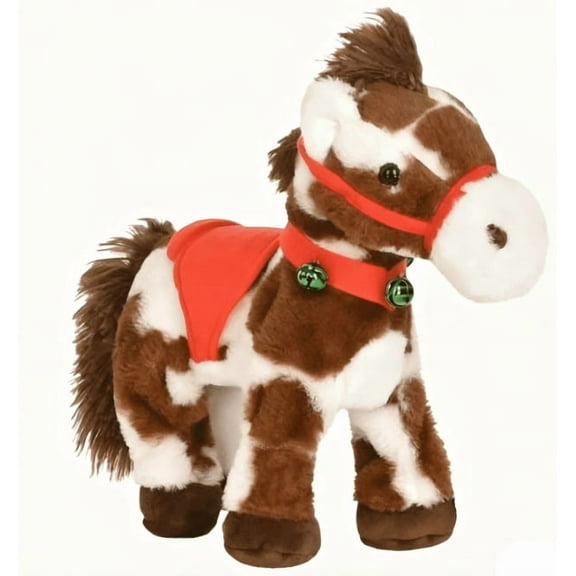 Christmas Plush Horse Toy with Jingle Bells & Red Saddle, Brown and White Spotted Stuffed Animal for Kids Holiday Gifts
