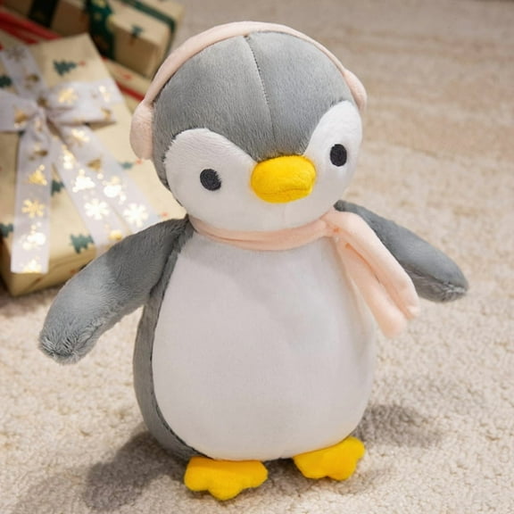 Christmas Plush Penguin Stuffed Animal 9.8 Cute Stuffed Penguin Plush Toy with Headphones and Scarf Plush Dolls for Birthday (Gray)