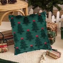 Christmas Plush Pillowcases 18X18 Set Of 2, Decorative Sofa Cushion Covers With Green Tree And Red Bow, Soft Faux Fur Holiday Living Room Winter Home Décor