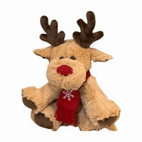 Christmas Plush Reindeer Stuffed Animal with Red Scarf and Snowflake Pattern, Cute Holiday Decor Gif.
