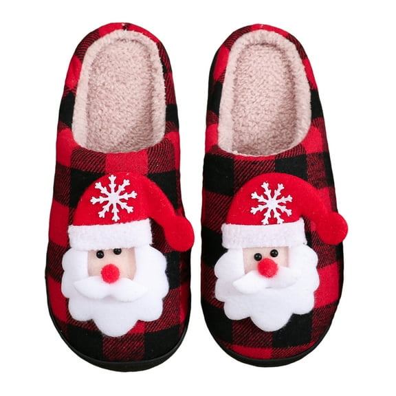Christmas Plush Slippers for Women Men, Red Black Cozy House Shoes, No-Slip Warm Slippers with Santa Pattern for Xmas Party