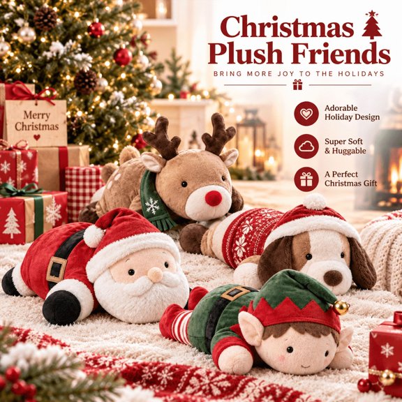 Christmas Plush Toy, Lying Posture Stuffed Animal with PP Cotton, Cute Santa Elf Reindeer Dog Holiday Cuddle Gift for Kids & Adults, 18x10cm, 1pc