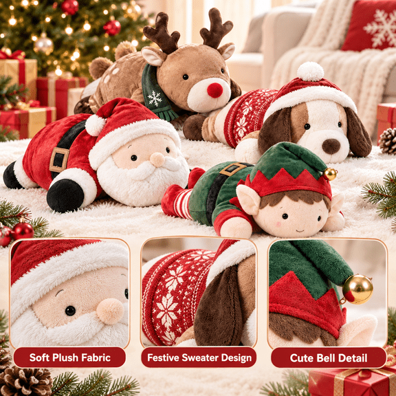 Christmas Plush Toy, Lying Posture Stuffed Animal with PP Cotton, Cute Santa Elf Reindeer Dog Holiday Cuddle Gift for Kids & Adults, 18x10cm, 1pc